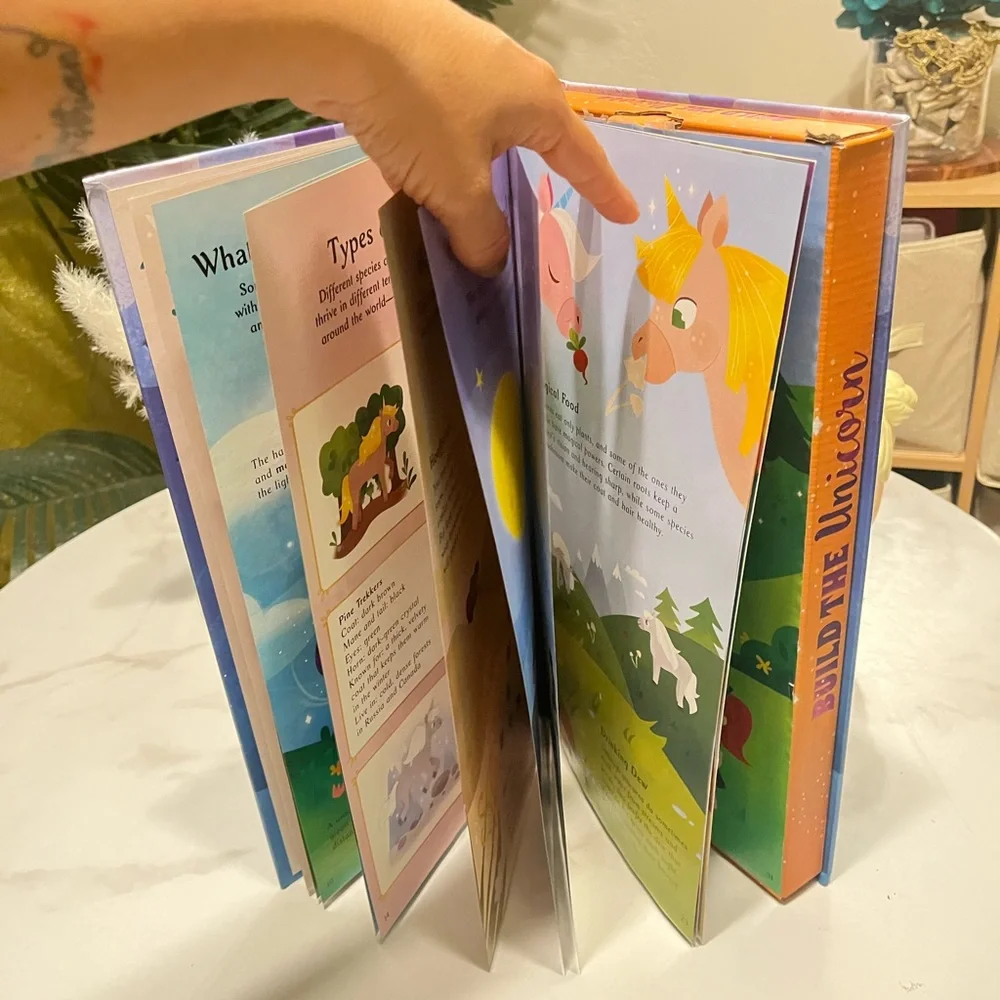 Build the Unicorn Kids Building Set, reading book, and Lear